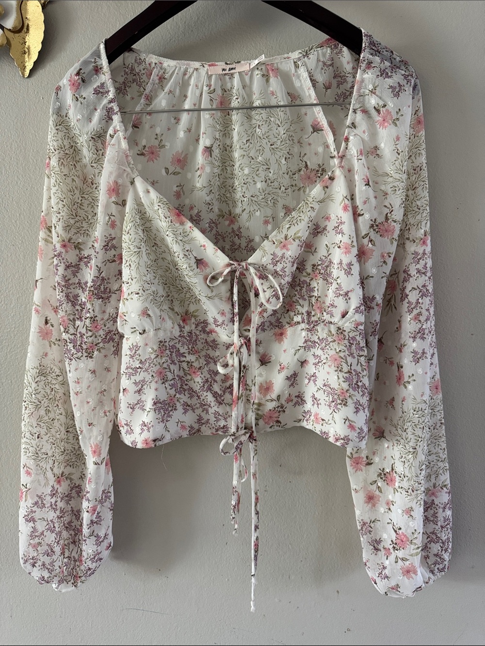 miami White Floral Tie-Front Puff Sleeve Crop Top